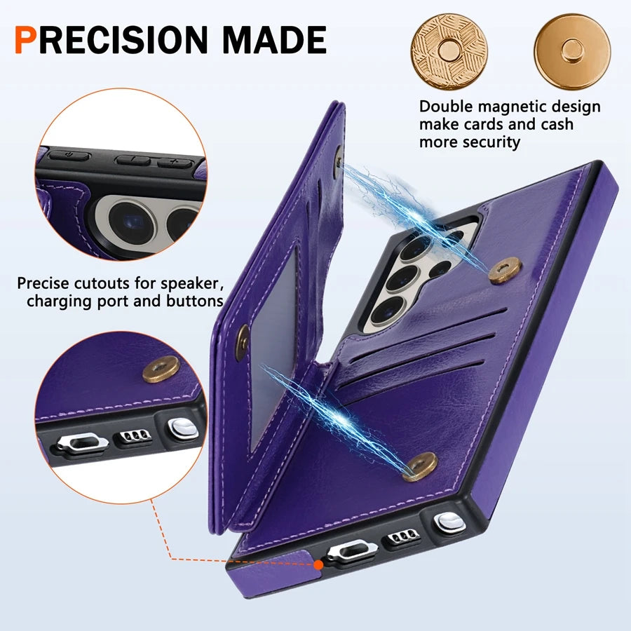 Wallet Magnetic Double Buckle RFID Blocking Card Slot Leather Case For Samsung Galaxy S25 Ultra S24 FE S23 Plus S22 S21 S20 FE