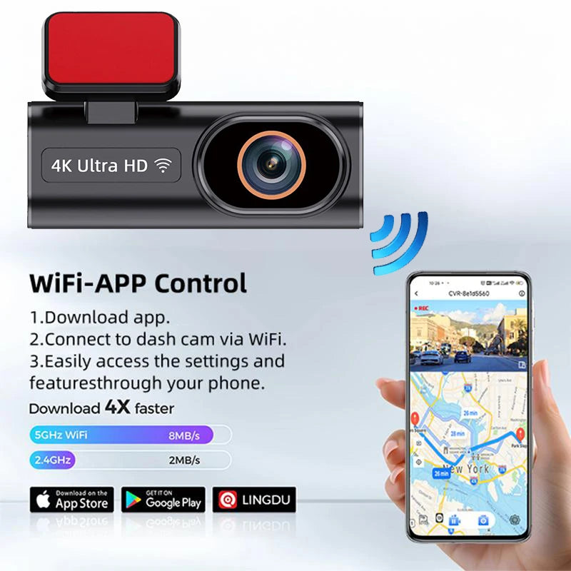 Ultra HD Dash Cam 4K Loop Recording 24H Parking Monitoring Optional 1080P Night Vision Rear Camera Supports WiFi APP Control
