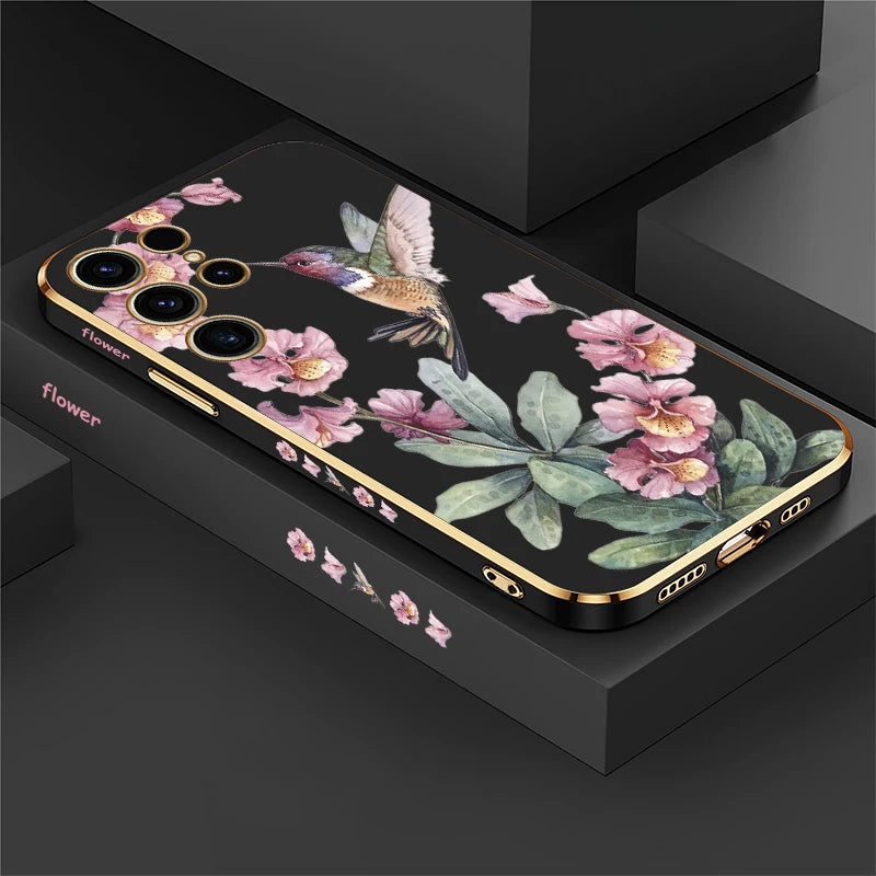 Phone Case For Samsung Galaxy S24 S21 FE S 25 Ultra S25 Plus 5G S23 FE S 24 S22 Plus Flower Bird Plating Protective Cover