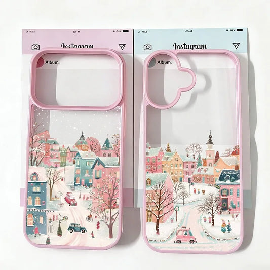 City Winter Village Christmas Phone Case For iPhone  17 Pro Max 16 17Air 15 14 Plus 13 12 11 17 8 7Plus Cute Pink Hard Cover Bag