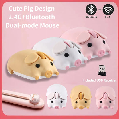 Cartoon Pig Design Computer Mouse Dual-mode 2.4G+Bluetooth Cute Ergonomic Optical Mice Game Laptop PC Universal For Girl Gift