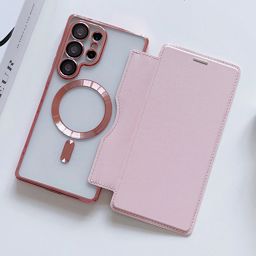 Flip Cover Plating Clear Magnetic Fold Wallte Case For Samsung S25 Ultra S24 FE S23 S22 Plus Slot Card Bag Holder Soft Cover
