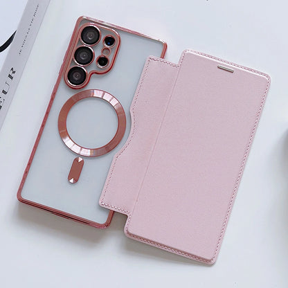 Flip Cover Plating Clear Magnetic Fold Wallte Case For Samsung S25 Ultra S24 FE S23 S22 Plus Slot Card Bag Holder Soft Cover
