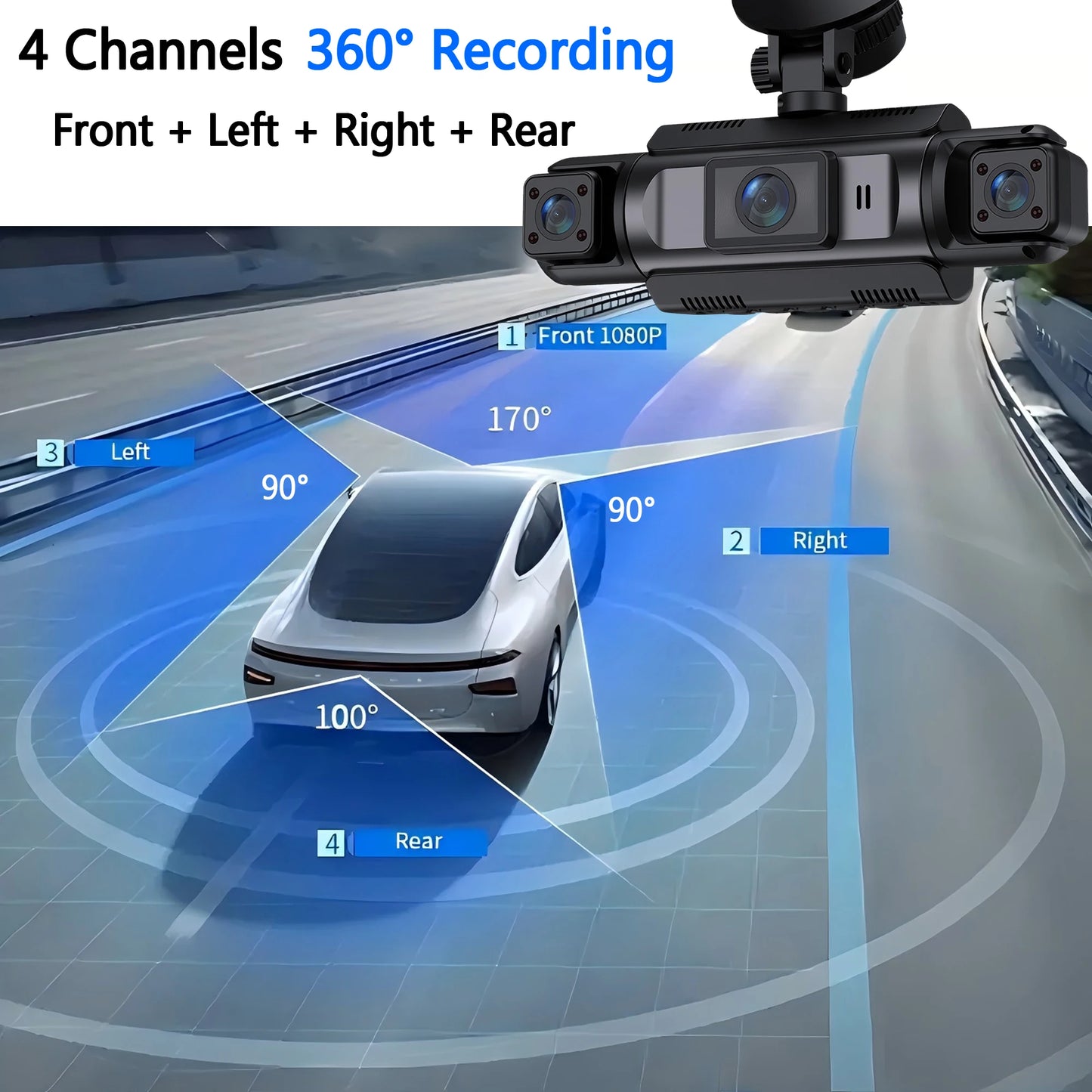 Car Dash Cam 4 Channel Black Box WiFi Driving Camera FHD 1080P Front Left Right Rear Night Vision Loop Recording add Hardwire ki