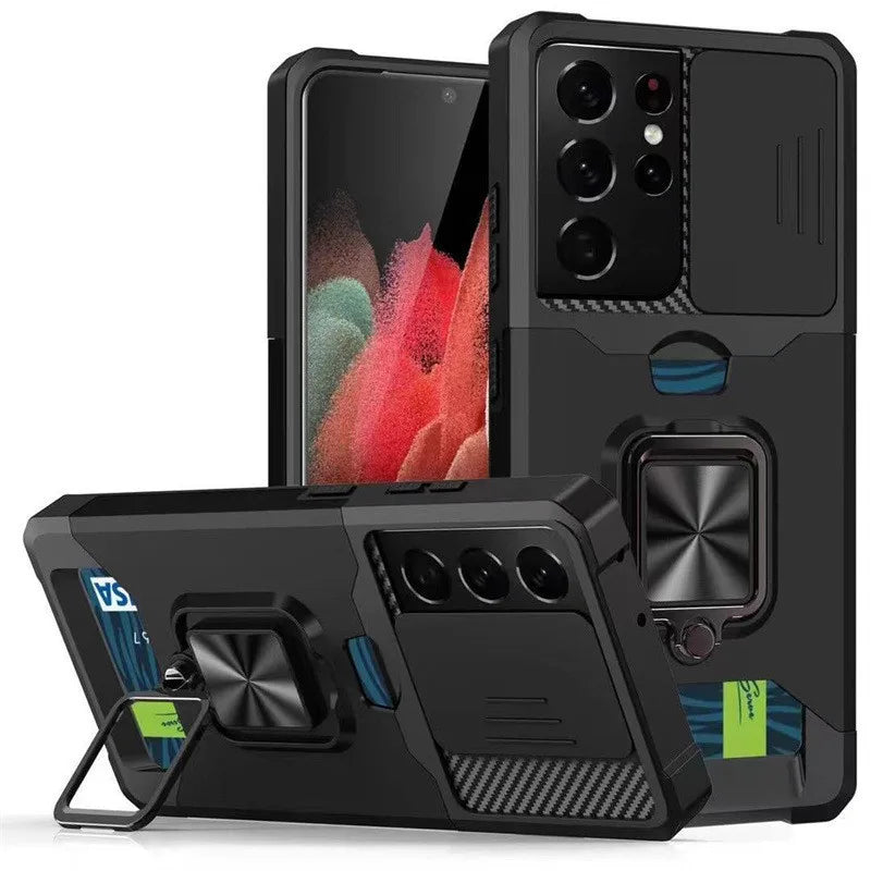 For Samsung S24 S23 S22 Ultra Phone Case Ring Holder Card Insertion Lens Push Window Protection Anti Drop Back Cover