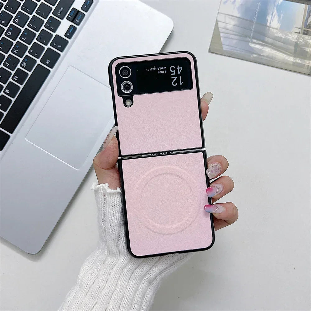 Business PU Leather Magsafe Case for Samsung Galaxy Z Flip 3 4 5 6 7 PC Shockproof Magnetic Wireless Charging Z Flip 6 7 Cover