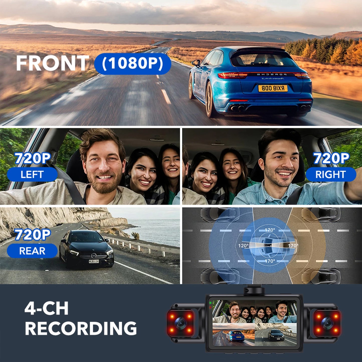 Car Dash Cam 4 Channel Black Box WiFi Driving Camera FHD 1080P Front Left Right Rear Night Vision Loop Recording add Hardwire ki