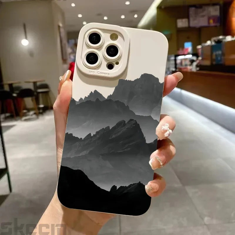 Black Mountain Peak Pattern Phone Case For iPhone 16 15 14 Pro Max 11 12 13 Mini XS XR X 8 7 Plus Shockproof Soft Silicone Cover