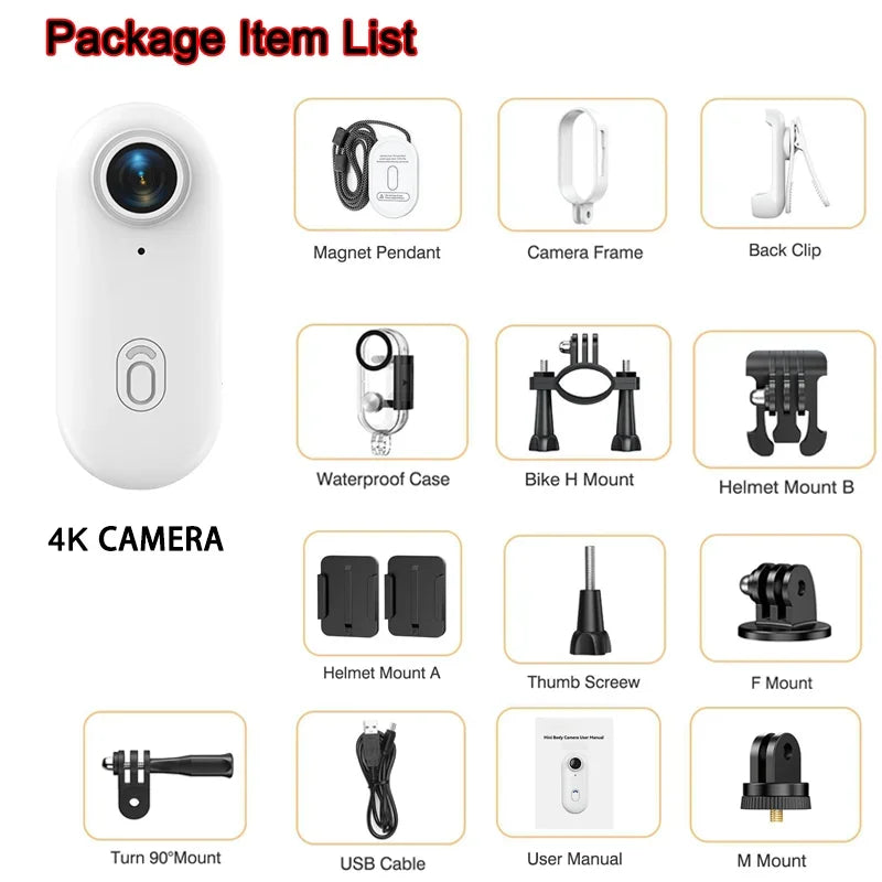 Pocket 4K Mini Camera  Magnetic Wearable Cam with Waterproof Shell WiFi Bike Camera Friendly for Casual Cycling Vlog Home Use