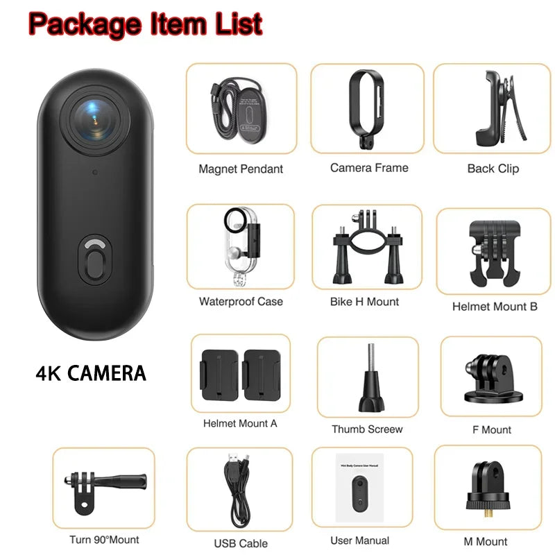 Pocket 4K Mini Camera  Magnetic Wearable Cam with Waterproof Shell WiFi Bike Camera Friendly for Casual Cycling Vlog Home Use