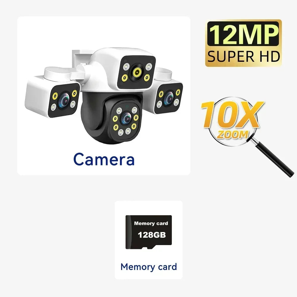 6K 12MP Outdoor WiFi Camera Three Screen Three Lens 10X Zoom PTZ Automatic Tracking Audible Visual Alarm Security Cam