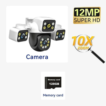 6K 12MP Outdoor WiFi Camera Three Screen Three Lens 10X Zoom PTZ Automatic Tracking Audible Visual Alarm Security Cam