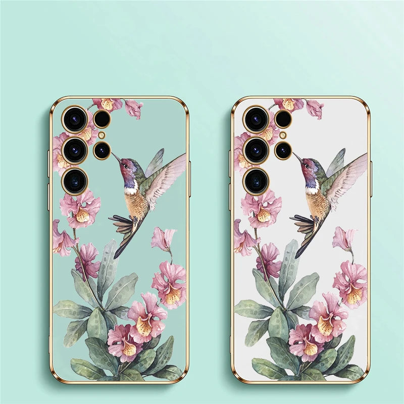 Phone Case For Samsung Galaxy S24 S21 FE S 25 Ultra S25 Plus 5G S23 FE S 24 S22 Plus Flower Bird Plating Protective Cover