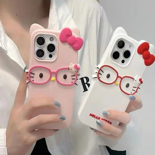 Hello Kitty 3D Glasses Cat Silicone Phone Case for IPhone 17 Pro Max 16 15 Plus 14 13 Mini 12 11 4 4S 5 5S 7 8 SE