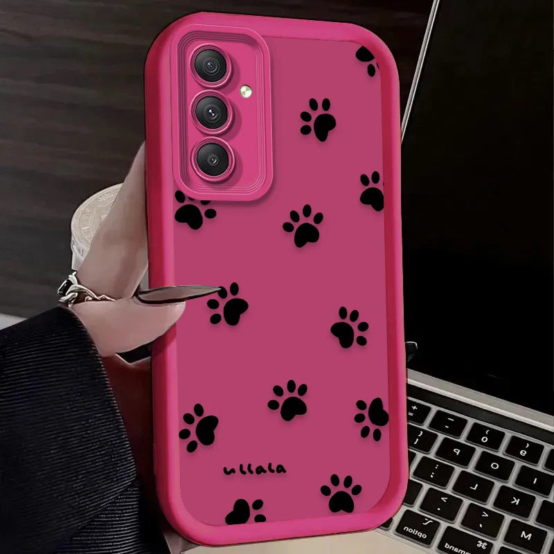 Cute Line Cat Dog Footprint Phone Case For Samsung Galaxy A14 A15 5G S21 S22 S23 S24 5G FE Plus Ultra A25 A35 A52 A53 A54 A55 5G