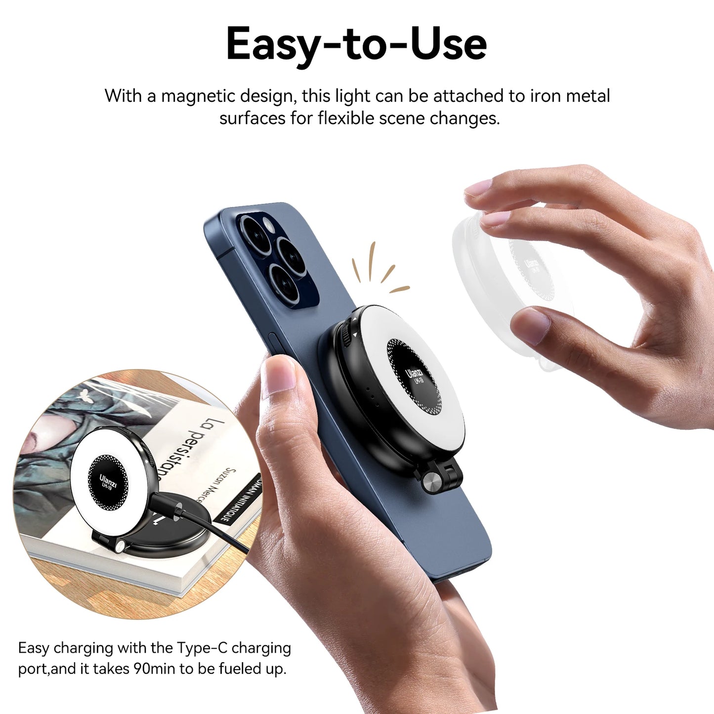 Ulanzi LM19 Mobile Phone Selfie Light Bi-color Pocket LED Magnetic Mini Ring Lamp Photography For iPhone 16 15 Apple 14 13 Pro