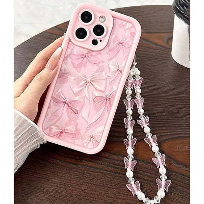 Pink Bow Pattern Silicone Phone Case For iPhone 16 Pro Max 15 14 13 12 11 Pro Max 16E X XS XR 7 8 Plus Butterfly Charm Cover