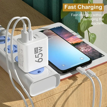Total 65W GaN Charger USB PD Type C Fast Charging Muti 3 Ports Mobile Phone Adapter For iPhone 15 Pro Max Samsung Xiaomi Huawei
