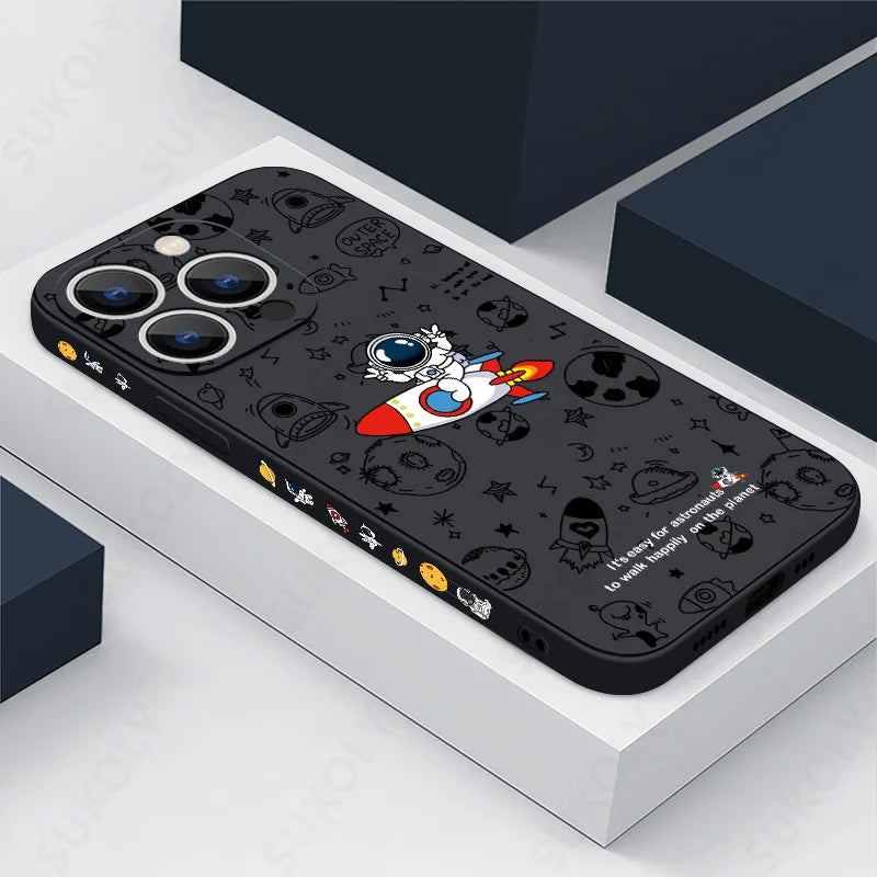 Cartoon Astronaut Pattern Case For iPhone 16 15 14 Pro Max 11 12 Shockproof Silicone Soft Phone Cover For iPhone 13 14 15 16 Pro