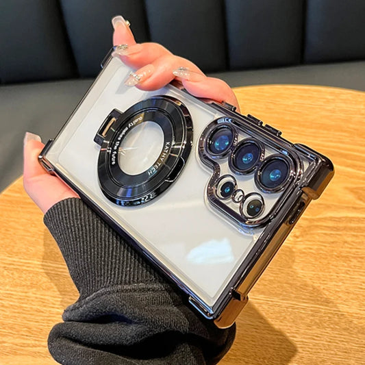 Luxury Magnetic Plating Stand Shockproof Clear Case For Samsung Galaxy S25 S24 Ultra S23 S22 Note 20 10 Plus Acrylic Back Cover