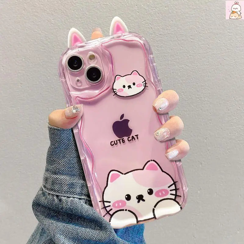 3D Cat Ears Frog Eyes Cute Shy Animal Case for Samsung Galaxy S25 Plus S23 S24 Ultra FE A56 A16 A36 A55 A35 A54 A53 A15 A26 5G