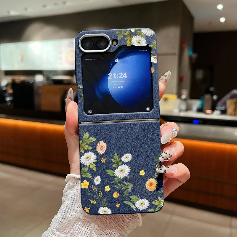 For Samsung Galaxy Z Flip 7 5 4 3 6 5G Small Flowers Folding Phone Case Leather Texture TPU Soft Cover For Samsung Z Flip3 Flip4
