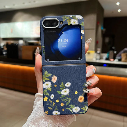 For Samsung Galaxy Z Flip 7 5 4 3 6 5G Small Flowers Folding Phone Case Leather Texture TPU Soft Cover For Samsung Z Flip3 Flip4