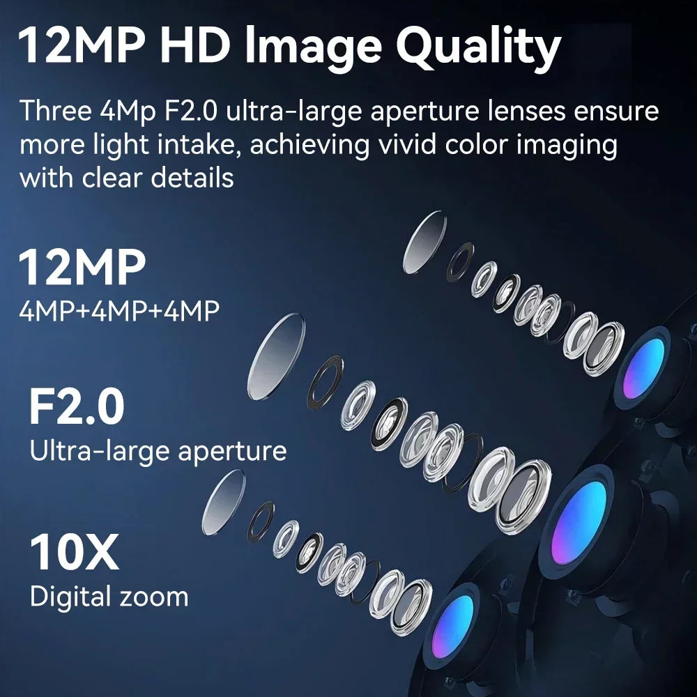 6K 12MP Outdoor WiFi Camera Three Screen Three Lens 10X Zoom PTZ Automatic Tracking Audible Visual Alarm Security Cam