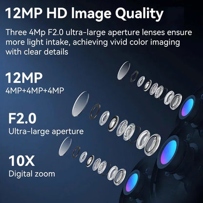 6K 12MP Outdoor WiFi Camera Three Screen Three Lens 10X Zoom PTZ Automatic Tracking Audible Visual Alarm Security Cam