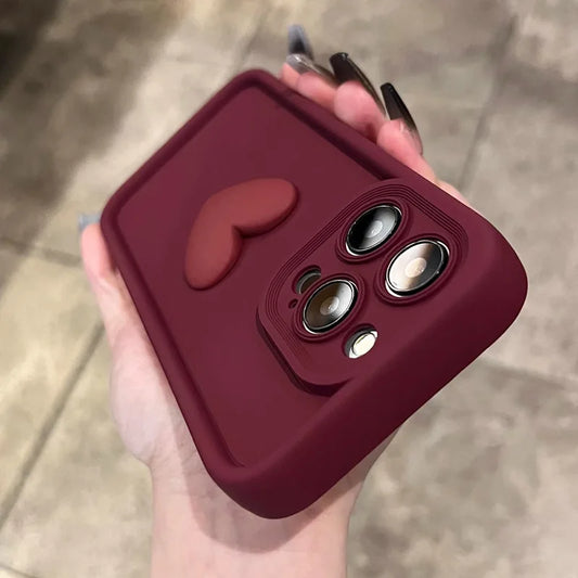 new wine red love liquid silicon case for iphone 16 15 14 13 12 11 pro max plus x xs xr Camera protection soft back cover coffee