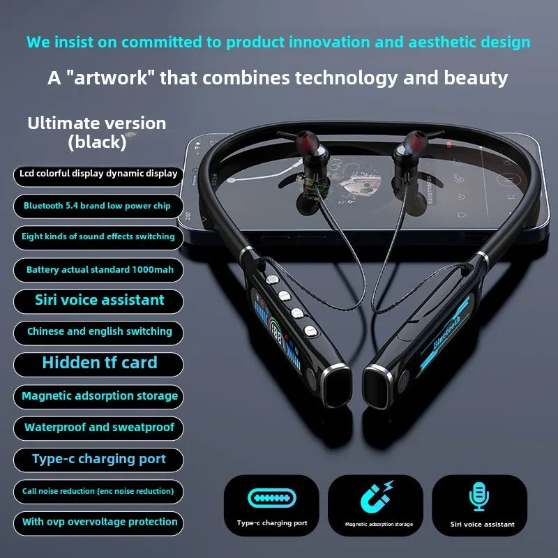 Neck-hanging outdoor sports Bluetooth headset Hidden TF card LCD digital display Long battery life Large capacity battery headse