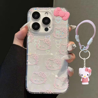 Lovely Hello Kitty Bow Kawaii Holder Phone Case For iPhone 16 15 14 12 13 11 Pro Max XR XS MAX 7 8 PLUS MINI Y2K Bow Laser Cover