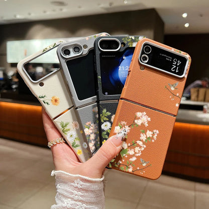 For Samsung Galaxy Z Flip 7 5 4 3 6 5G Small Flowers Folding Phone Case Leather Texture TPU Soft Cover For Samsung Z Flip3 Flip4