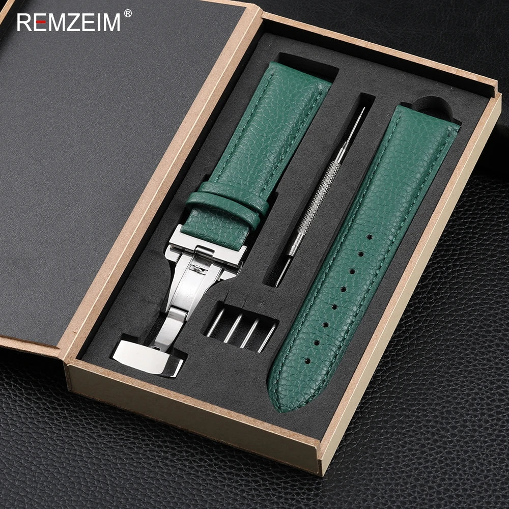 Litchi Pattern Design Leather Wrist Band 18mm 20mm 22mm Men Women Strap with Butterfly Buckle Gift Box Packaging Watchband