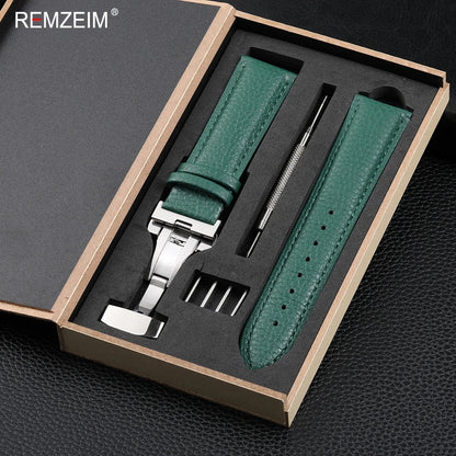 Litchi Pattern Design Leather Wrist Band 18mm 20mm 22mm Men Women Strap with Butterfly Buckle Gift Box Packaging Watchband