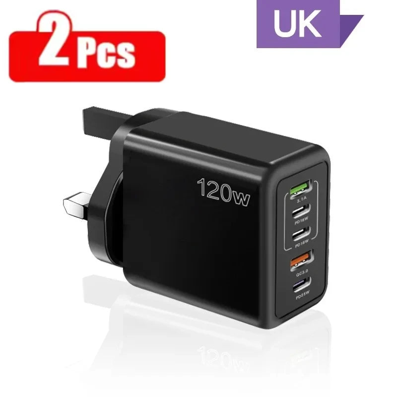 120W Multi Ports USB Charger Fast Charging Type C Mobile Phone Charger For iPhone 15 Huawei Samsung Xiaomi Quick Charge Adapter