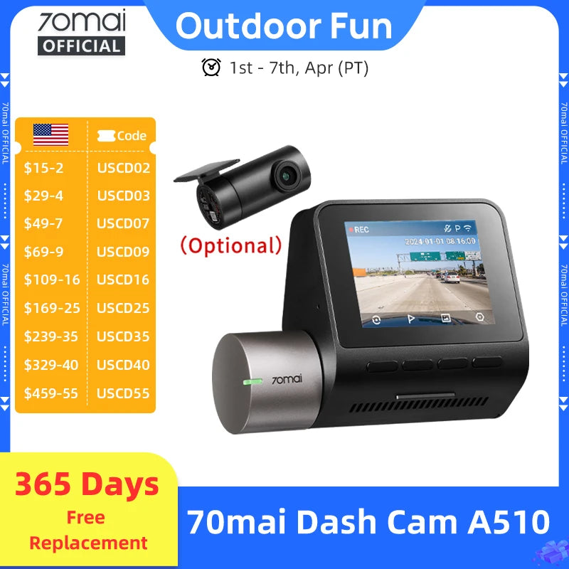 70mai Dash Cam A510 1944P HDR GPS ADAS 4G Connectivity 70mai 4G Front Cam A510 Car DVR 24H Parking Support Rear Cam