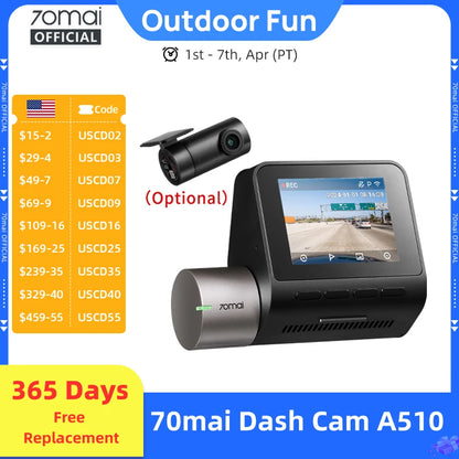 70mai Dash Cam A510 1944P HDR GPS ADAS 4G Connectivity 70mai 4G Front Cam A510 Car DVR 24H Parking Support Rear Cam