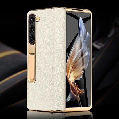 LANGSIDI Leather Case for Samsung Galaxy Z Fold 6 5 4 3 Fold6 Fold5 Gold Plating Magnetic Hinge Stand Cover with Mirror Film