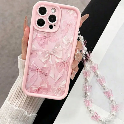 Pink Bow Pattern Silicone Phone Case For iPhone 16 Pro Max 15 14 13 12 11 Pro Max 16E X XS XR 7 8 Plus Butterfly Charm Cover