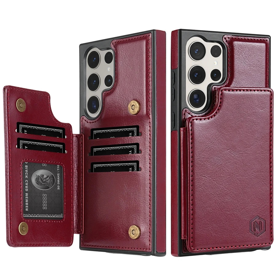 Wallet Magnetic Double Buckle RFID Blocking Card Slot Leather Case For Samsung Galaxy S25 Ultra S24 FE S23 Plus S22 S21 S20 FE
