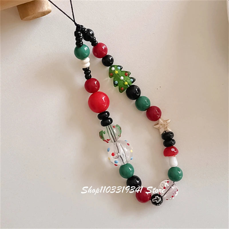 INS Cute Christmas Tree Beaded Phone Charm Chain For Phone Case Phone Straps Accessories Anti-Lost Keychain Lanyard Girl Gift