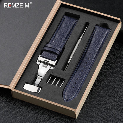 Litchi Pattern Design Leather Wrist Band 18mm 20mm 22mm Men Women Strap with Butterfly Buckle Gift Box Packaging Watchband