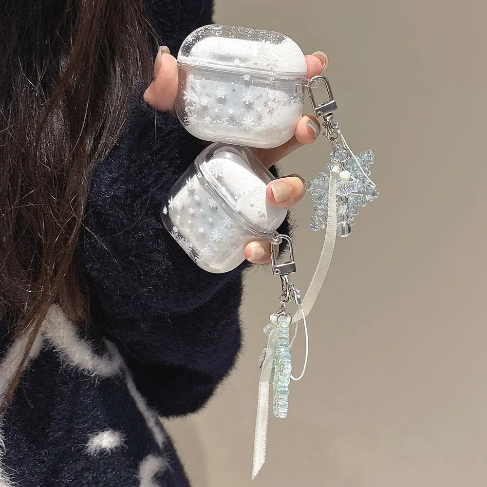 Dreamy Snowflake Quicksand Christmas Case For AirPods 4 ANC for Apple AirPods 1 2 3 Pro Pro2 Hard Earphone Cover with Keychain