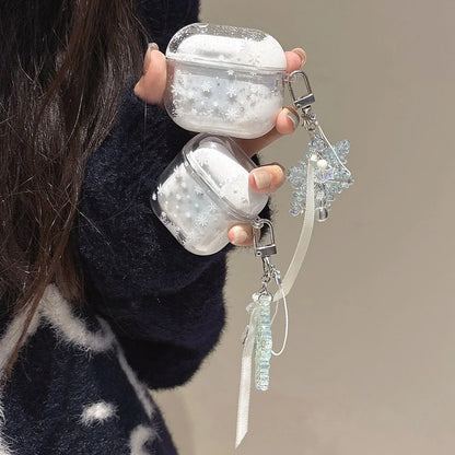 Dreamy Snowflake Quicksand Christmas Case For AirPods 4 ANC for Apple AirPods 1 2 3 Pro Pro2 Hard Earphone Cover with Keychain