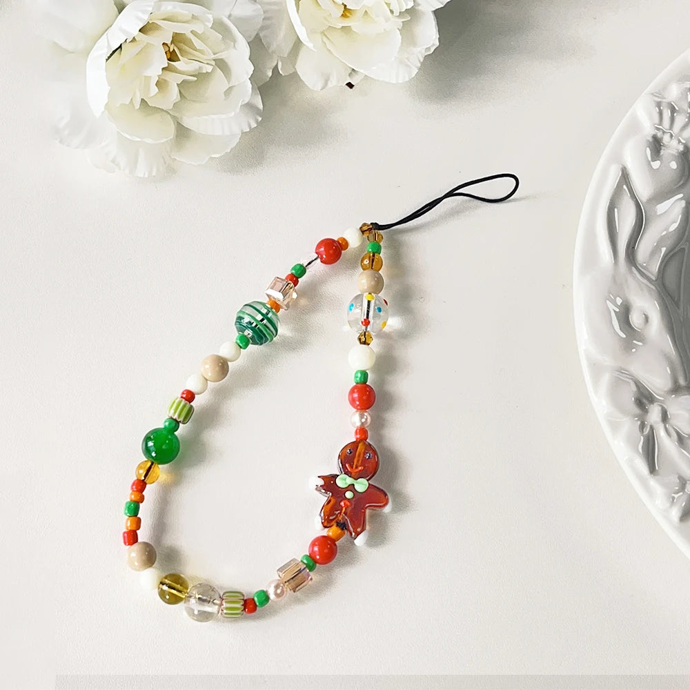 Korean 3D Cute Cartoon christmas  ornaments Gingerbread man Beaded Phone Chain Lanyard Charm Keychain For iPhone Anti-Lost Chain