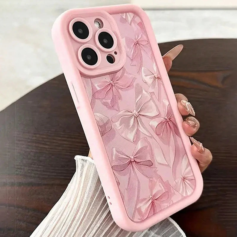 Pink Bow Pattern Silicone Phone Case For iPhone 16 Pro Max 15 14 13 12 11 Pro Max 16E X XS XR 7 8 Plus Butterfly Charm Cover