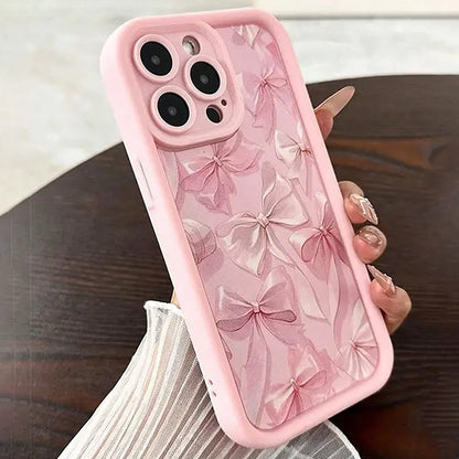 Pink Bow Pattern Silicone Phone Case For iPhone 16 Pro Max 15 14 13 12 11 Pro Max 16E X XS XR 7 8 Plus Butterfly Charm Cover