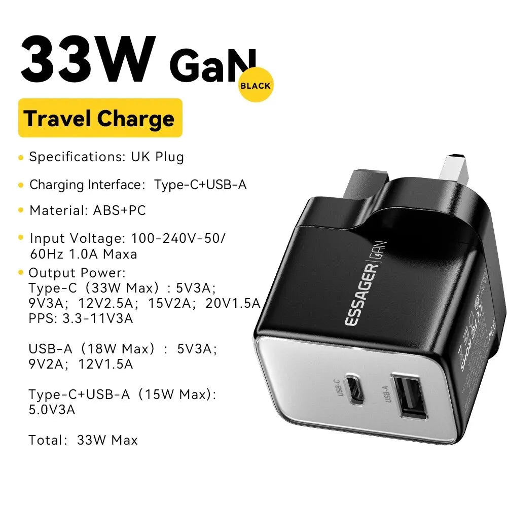 Essager GaN 33W USB Charger Fast Charger PD QC 3.0 USB C Charger Quick Charger For iPhone 14 13 Travel Charger for Samsung S21