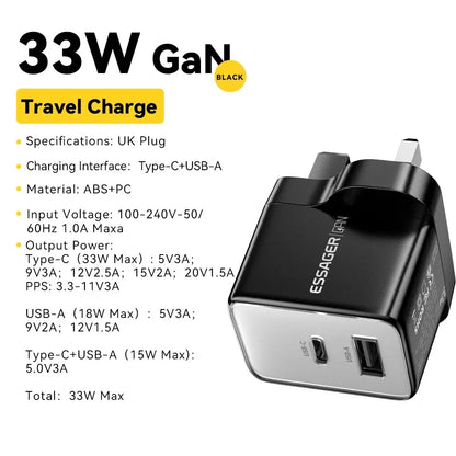 Essager GaN 33W USB Charger Fast Charger PD QC 3.0 USB C Charger Quick Charger For iPhone 14 13 Travel Charger for Samsung S21